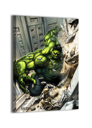 Hulk vs Chitauri by Ryan Pasibe; Avengers battle scene canvas wall art.