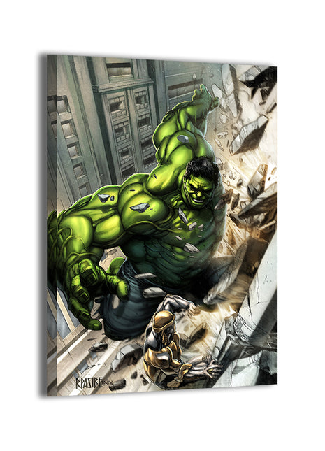 Hulk vs Chitauri by Ryan Pasibe; Avengers battle scene canvas wall art.