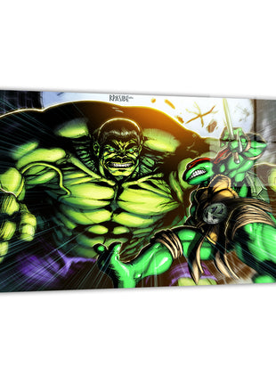 Hulk vs Raphael by Ryan Pasibe (colors Brian Valeza); sleek metallic wall print.