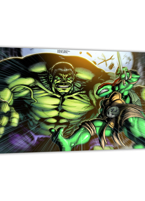 Hulk vs Raphael by Ryan Pasibe; wall art canvas of Marvel and TMNT crossover.