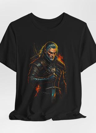 Draped front view of the black Geralt of Rivia Steel and Shadow Graphic T-Shirt.
