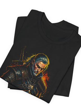 Folded view of the black Geralt of Rivia Steel and Shadow Graphic T-Shirt.