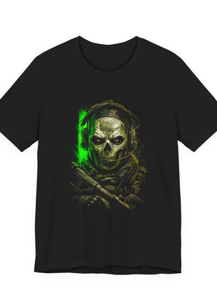 Black T-shirt front with Ghost’s skull mask, headset and rifle beside a vivid neon-green paint stroke.