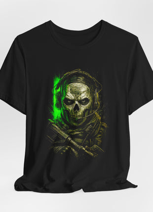 Gathered black T-shirt front displaying a close-up Ghost portrait in bone white, olive and neon green.