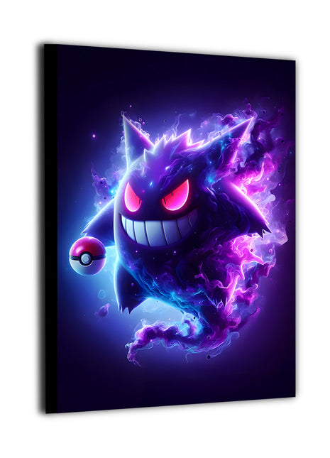 Neon-lit ghost creature artwork featuring a shadowy figure with sharp smile and swirling aura, high-detail canvas wall art