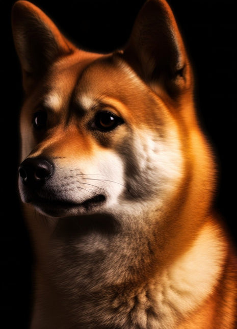 Ginger dog looking left with upright ears, cream muzzle and chest, and black nose.