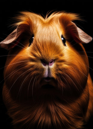 Ginger guinea pig facing forward with tousled forehead fur, dark eyes and a small pink nose.