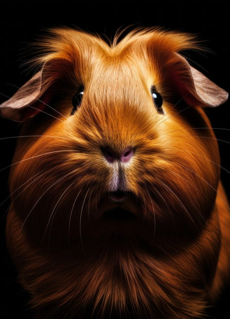 Ginger guinea pig facing forward with tousled forehead fur, dark eyes and a small pink nose.
