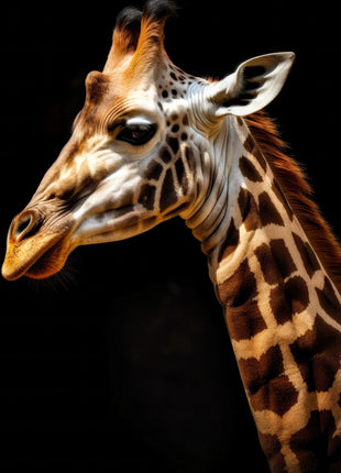 Giraffe looking left with a long muzzle, patterned neck and reddish mane against black.