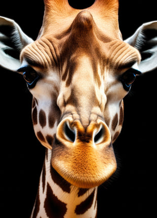 Close-up giraffe face with golden muzzle, dark eyes and cream markings against black.