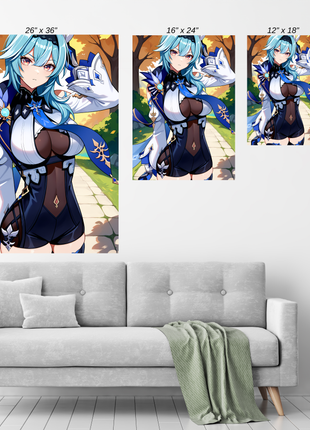 anime Size Chart print of Eula from Genshin Impact with icy expression  
