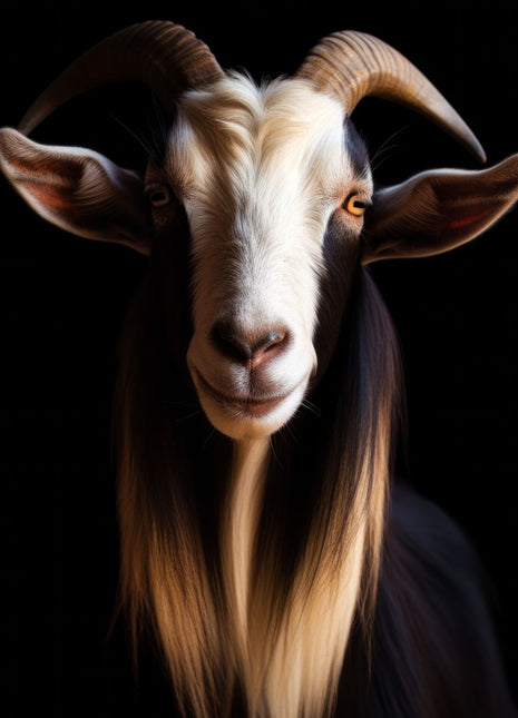 Horned goat with a white facial stripe and a long golden-brown beard against black.