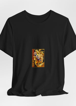Draped front view of the black Goku Golden Dragon Small Panel Graphic T-Shirt.