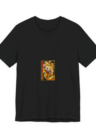 Front of a black T-shirt featuring Goku with long golden hair punching forward in a small framed panel with a golden dragon.