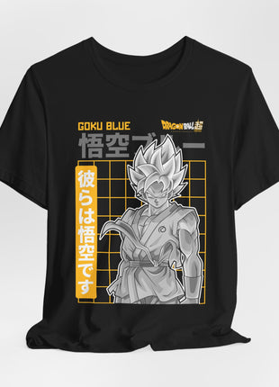 Draped front view of the black Goku Grayscale Gold Grid Graphic T-Shirt.