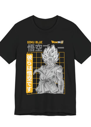 Front of a black T-shirt featuring Goku rendered in grayscale against a gold grid with white vertical Japanese text.