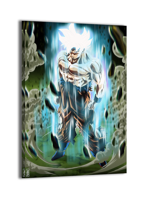 Goku Mastered Ultra Instinct wall art canvas featuring a dramatic full-body ultra instinct form surrounded by glowing energy, printed on stretched canvas and ready to hang from Snapping Turtle Gallery