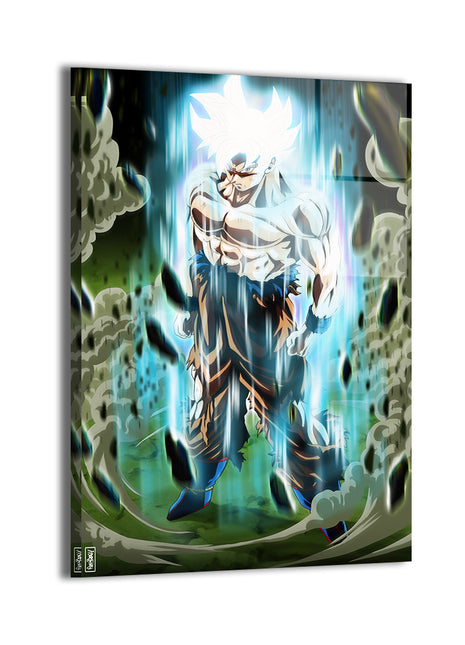 Goku Mastered Ultra Instinct wall art metal print displaying intense anime action and luminous ultra instinct energy, produced on durable aluminum with bold color clarity by Snapping Turtle Gallery