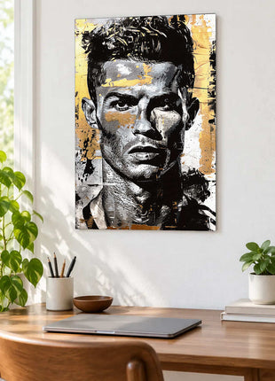 Short-haired man in a black-and-white textured portrait with gold brush accents displayed above a desk in a room setting