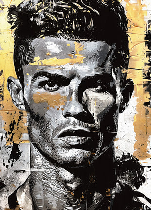 Short-haired man in a black-and-white textured portrait with gold brush accents