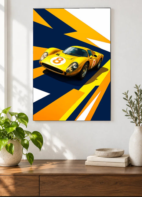 Golden Arrow Eight car wall art displayed above a walnut console against a white wall