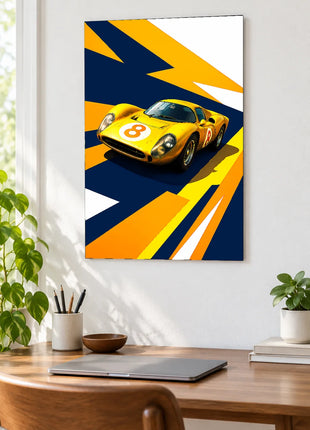 Golden Arrow Eight car wall art displayed above a wooden desk against a white wall