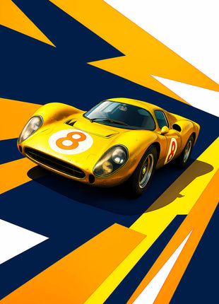 Golden yellow number 8 endurance race car on navy, yellow and white angular rays; Golden Arrow Eight artwork