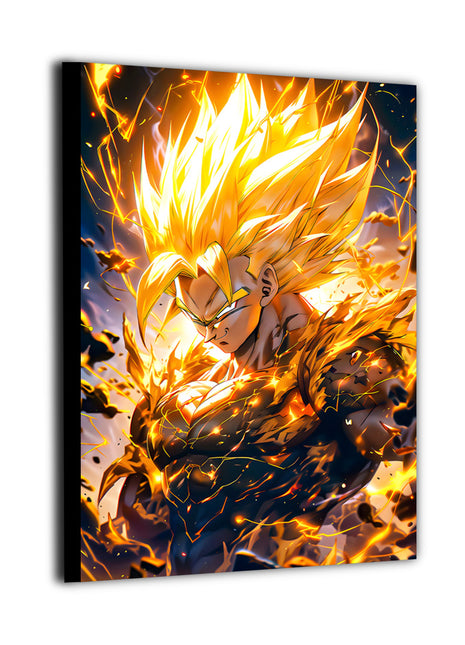 Powerful anime fighter depicted in a radiant golden transformation with explosive aura, high-detail canvas wall art