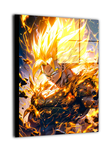 Ultra-sharp metal wall art portraying a battle-ready anime character with glowing hair and crackling golden power