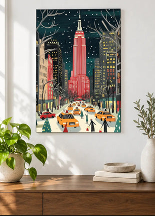 Golden Cabs, Crimson Skyline wall art displayed above a walnut console against a white wall