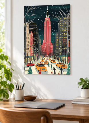 Golden Cabs, Crimson Skyline wall art displayed above a wooden desk against a white wall