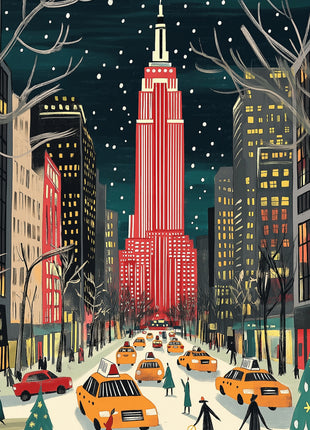 Yellow taxis and a red car on a snowy city avenue below a crimson skyscraper, with pedestrians, bare branches, and decorated evergreen shapes; Golden Cabs, Crimson Skyline artwork