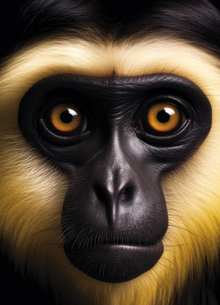 Tightly framed monkey face with golden cheeks, smooth black skin and wide amber eyes.