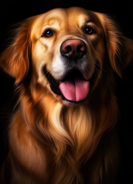 Golden long-haired dog facing forward with open mouth, pink tongue and flowing chest fur.