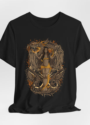 Draped front view of the black Golden Dragon and Winged Woman Graphic T-Shirt.
