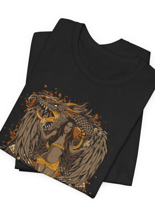 Folded black Golden Dragon and Winged Woman Graphic T-Shirt showing a close view of the printed character artwork.