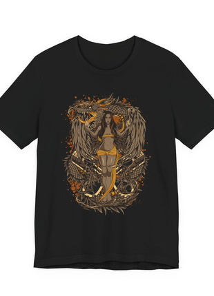 Front of a black T-shirt featuring A winged woman in gold cloth surrounded by a coiling dragon and ornate brown-and-gold details.