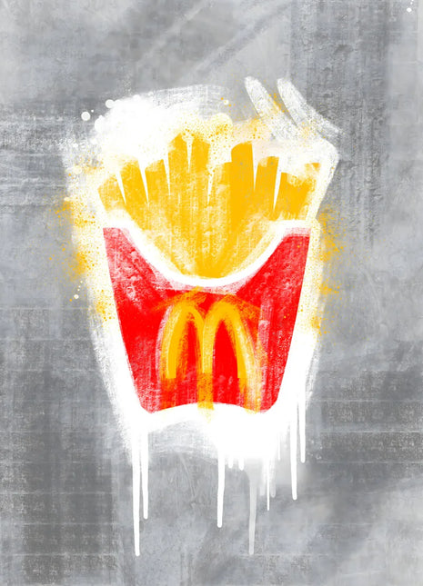 Golden fries in a red arches carton with white paint drips on gray
