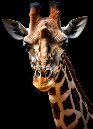 Golden-brown giraffe facing forward, with dark horn tufts and a patterned neck against black.