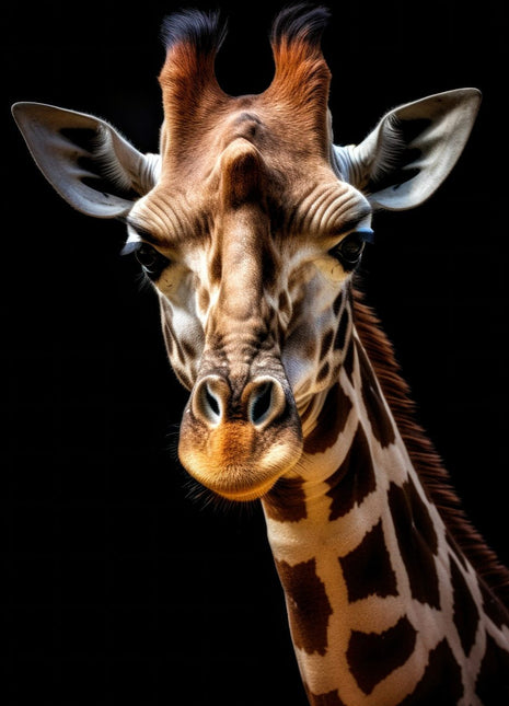 Golden-brown giraffe facing forward, with dark horn tufts and a patterned neck against black.
