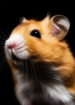 Golden hamster looking upward left with pink nose, glossy dark eye and white chest markings.