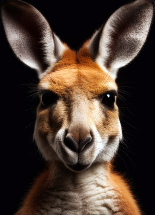 Golden-brown kangaroo with tall ears and a cream chest facing forward against black.