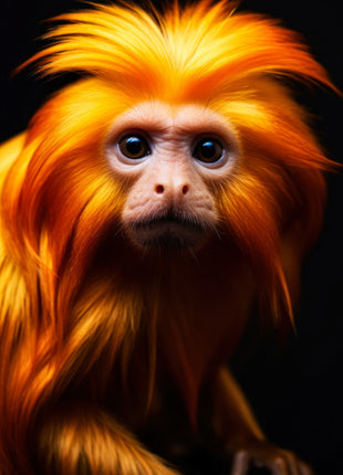 Golden-orange monkey with a flowing mane, large eyes and a small forelimb visible against black.