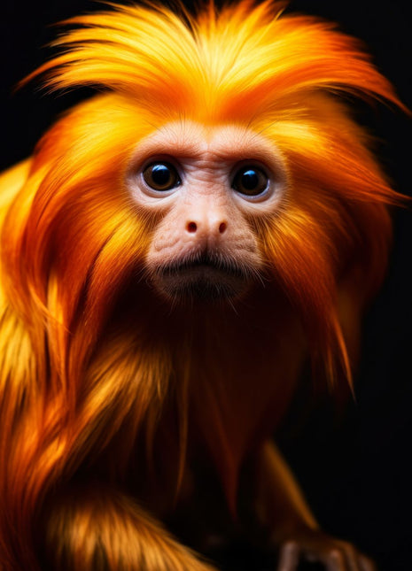 Golden-orange monkey with a flowing mane, large eyes and a small forelimb visible against black.