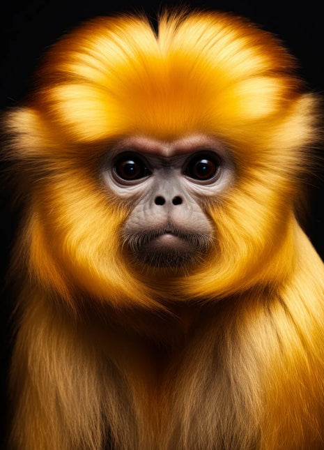 Golden monkey with a rounded mane, fan-like crown and small dark face against black.