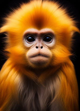 Golden monkey with a tall fluffy crown, large dark eyes and darker chest against black.