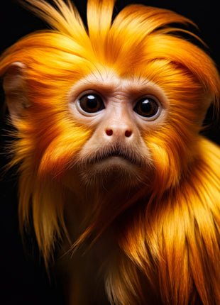 Golden-furred monkey with a tall windswept crest, large dark eyes and pale muzzle against black.