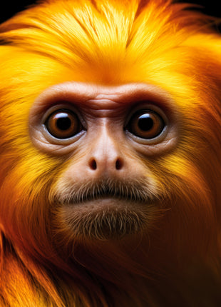 Close golden monkey face with wide brown eyes, softly furred muzzle and bright orange crown.