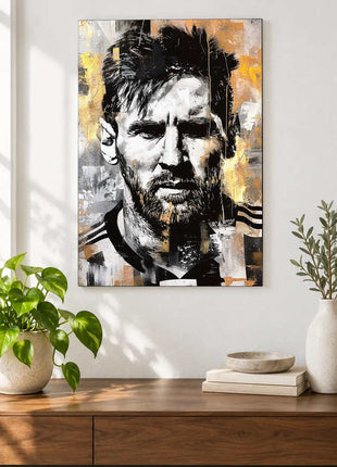 Bearded man in a striped sports shirt rendered in black, white and gold blocks displayed above a console table in a room setting