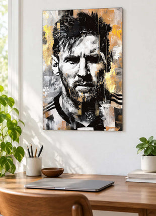 Bearded man in a striped sports shirt rendered in black, white and gold blocks displayed above a desk in a room setting